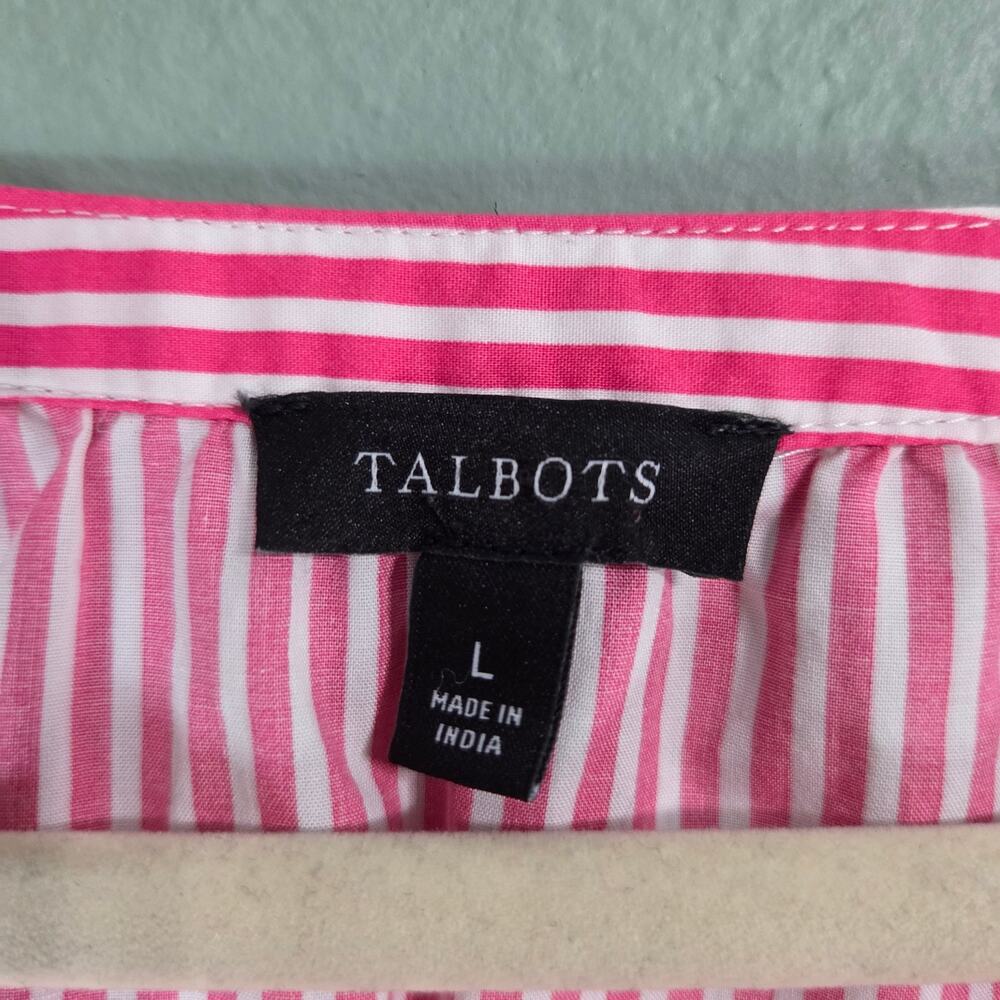 Talbots Womens Pink White Butterfly Stripe Smocked Cuff Raglan Popover Blouse L - Picture 3 of 5